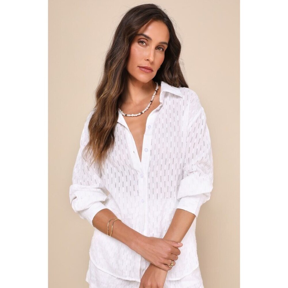 Lulus Sunny Culture White Textured Button-up Collared Long Sleeve Top - Size S